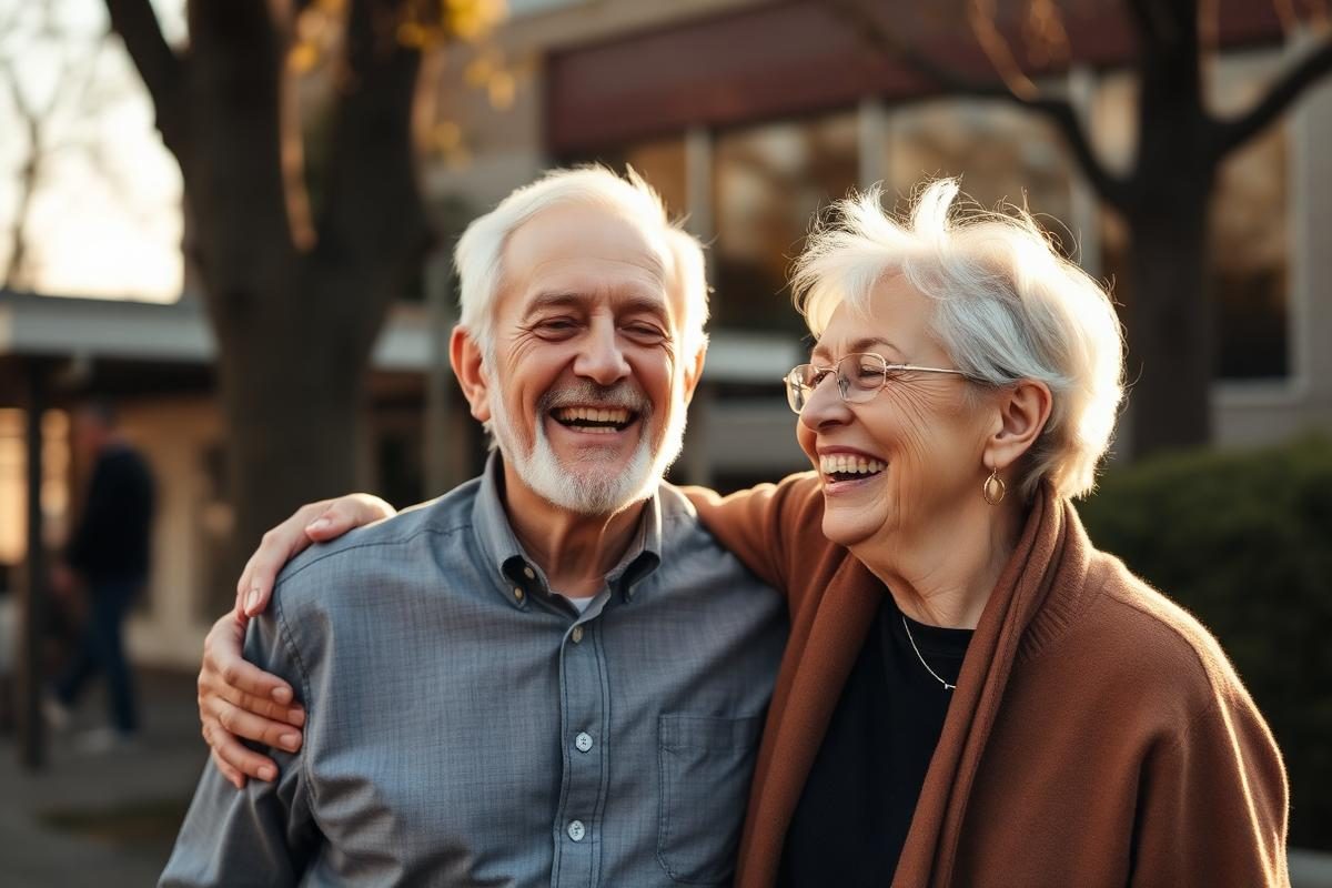 An older couple laughing together outdoors