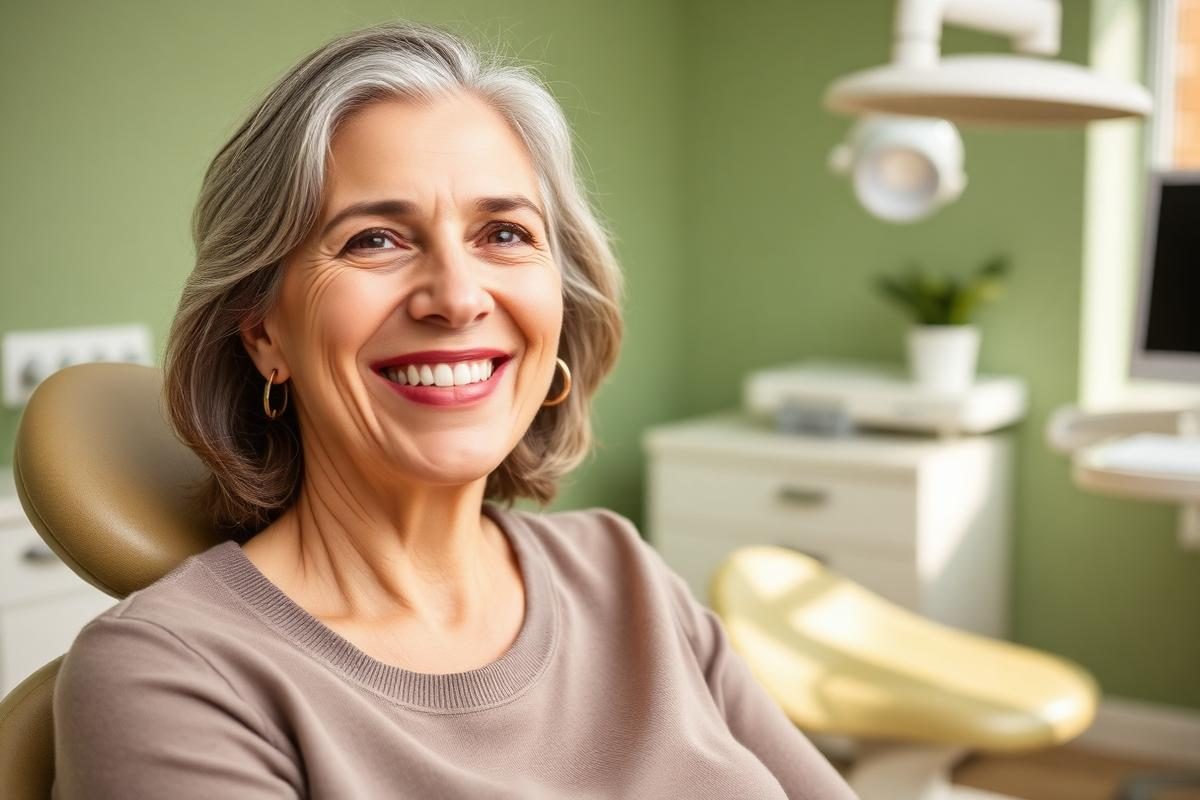A smiling patient relaxed in a warm, modern dental office