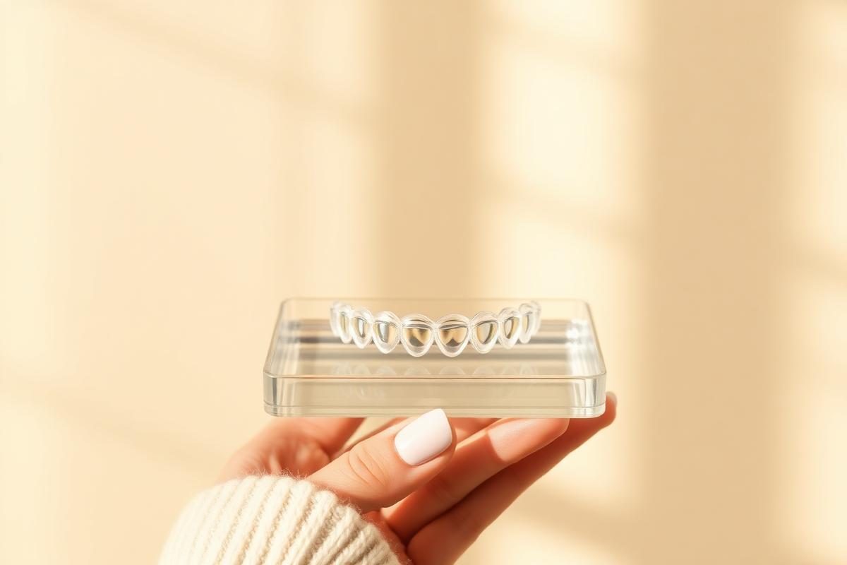 A clear aligner tray held in warm natural light